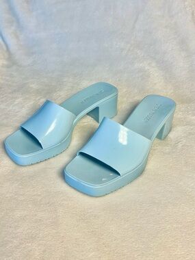 Steve Madden Light Blue Glossy Block Heel Mules